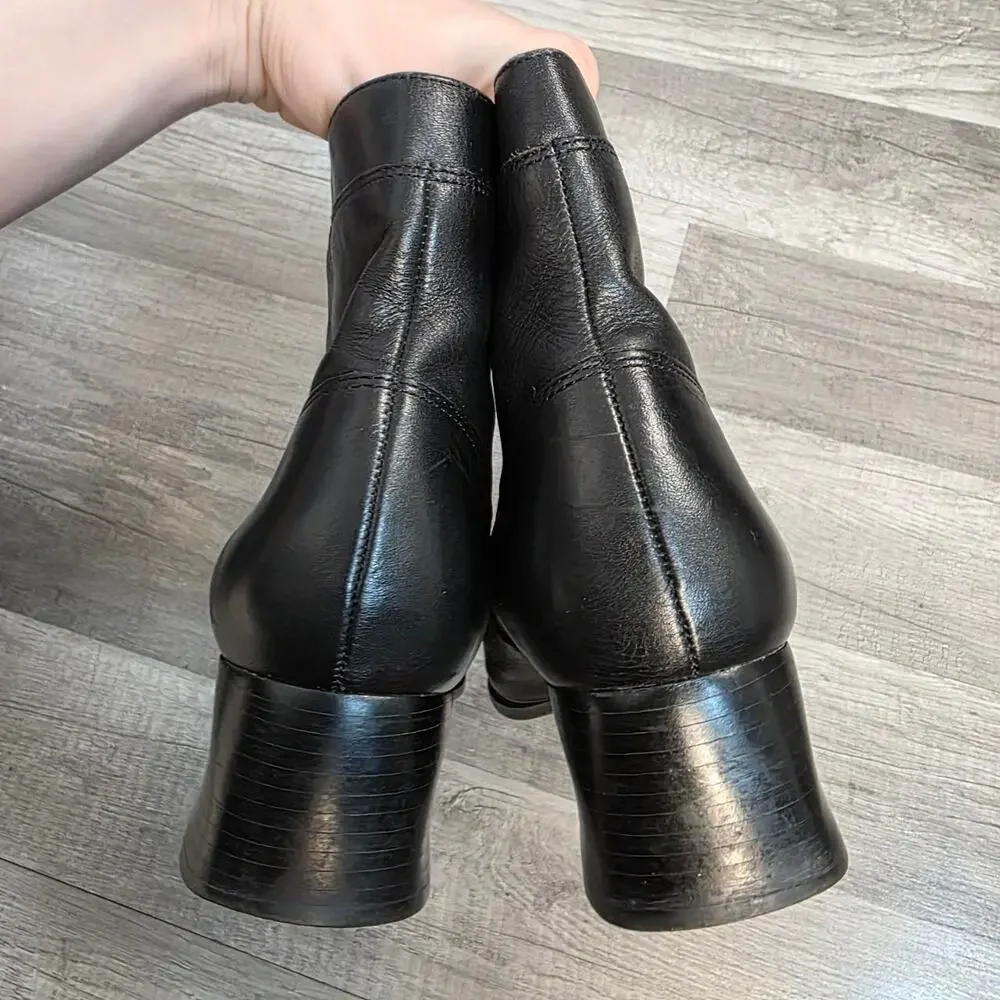 Vintage 90s Black Leather Ankle Boots Block Heel Women’s 10 Dark Academia Goth